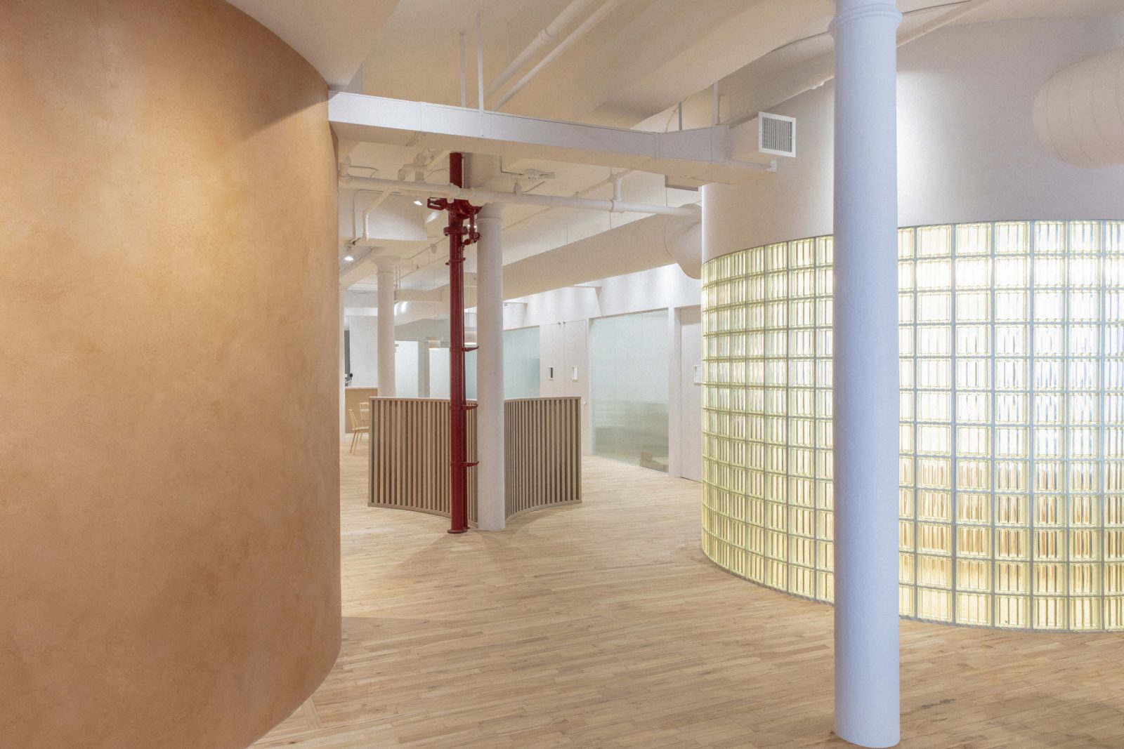 The rawness of the architecture with warm wood and curved glass walls that subdivide the space for conference rooms and offices.