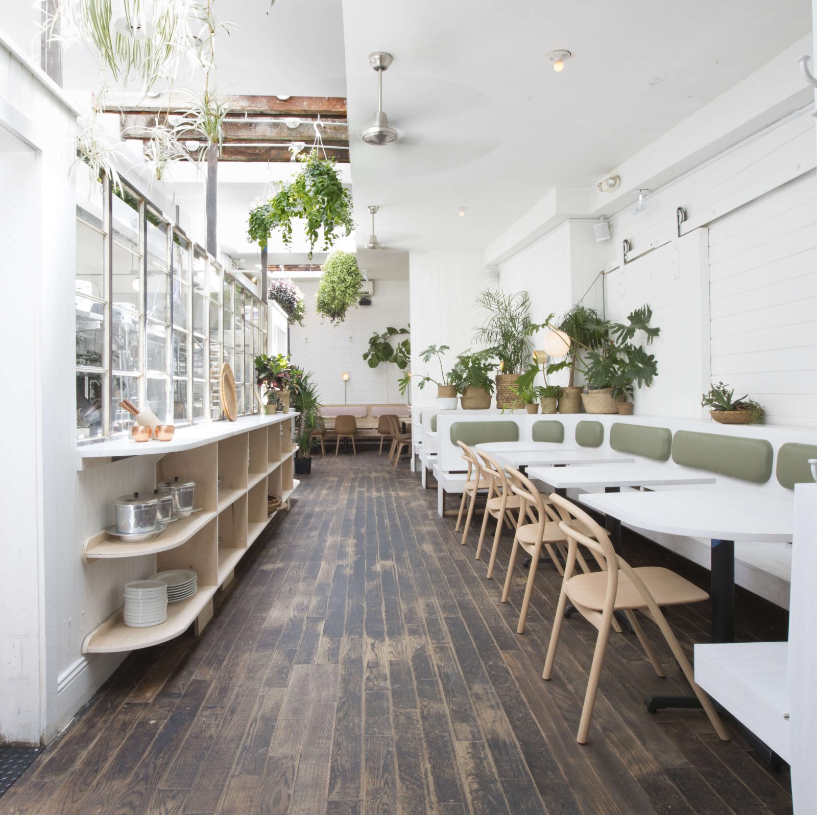 The dining rooms at Di An Di are bright and layered with lush plants.